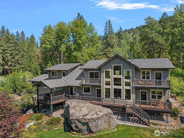 510 Dempsey Rd, Leavenworth, WA 98826 - back of house with a balcony, a deck, stairway, a patio, and a shingled roof