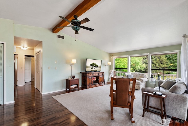 living area featuring ceiling fan, dark wood-style floors, and baseboards