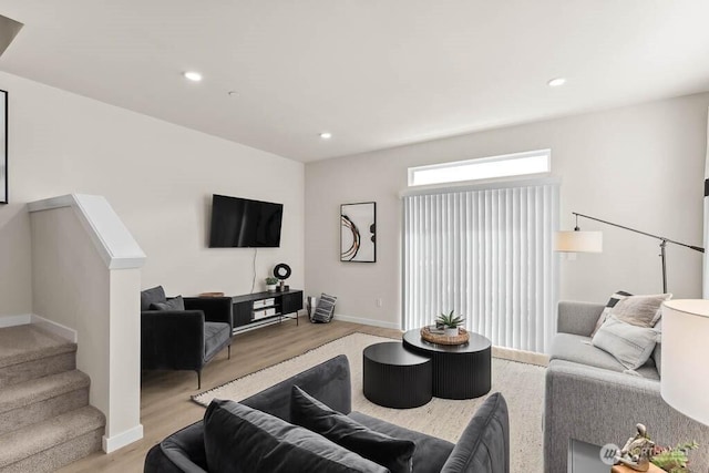 14707 87th Ave SE Unit U8, Snohomish, WA 98296 - living room featuring light wood-type flooring, stairway, recessed lighting, and baseboards