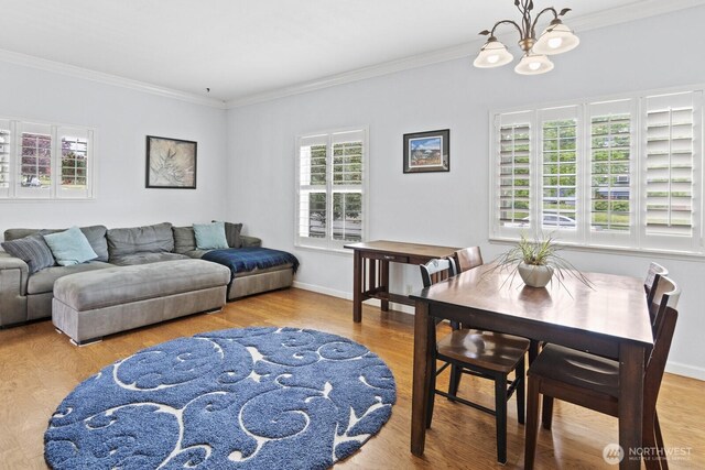 living area featuring a chandelier, ornamental molding, wood finished floors, plenty of natural light, and baseboards