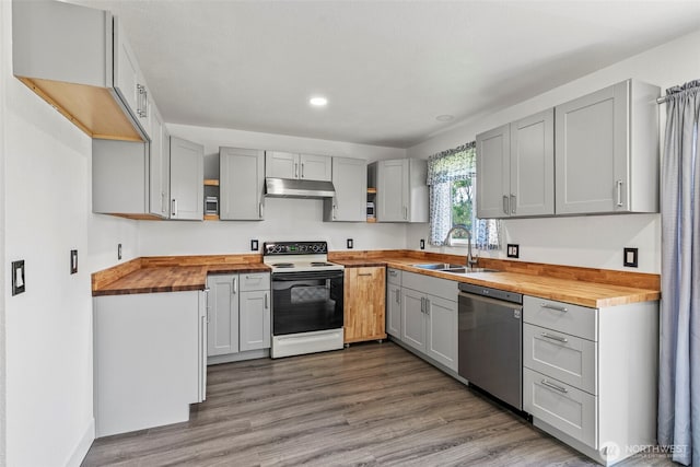 kitchen featuring wooden counters, electric range oven, stainless steel dishwasher, a sink, and under cabinet range hood