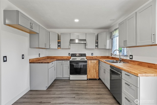 kitchen featuring range with electric cooktop, wooden counters, stainless steel dishwasher, a sink, and under cabinet range hood