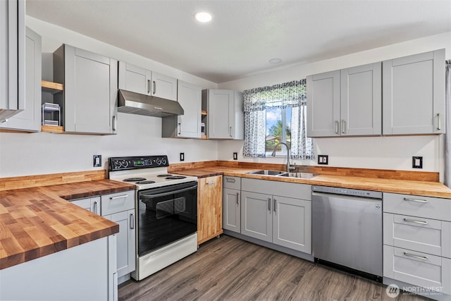 kitchen with wooden counters, dishwasher, electric range, under cabinet range hood, and a sink