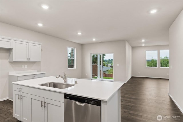 28307 74th Dr NW Unit 90, Stanwood, WA 98292 - kitchen with dishwasher, open floor plan, recessed lighting, light countertops, and a center island with sink