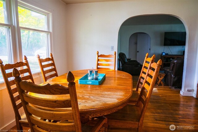 1803 Juniper St, Oroville, WA 98844 - dining room featuring wood finished floors and arched walkways
