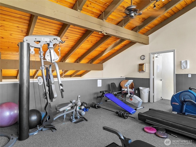 31003 14th Ave S Unit H1, Federal Way, WA 98003 - workout room featuring wooden ceiling, lofted ceiling, a wainscoted wall, and wood walls