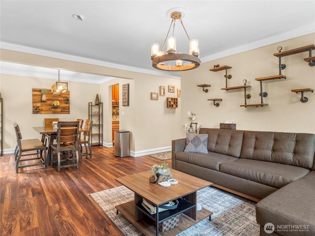 1420 153rd Ave NE # 4004, Bellevue, WA 98007 - living area with baseboards, dark wood finished floors, crown molding, and a chandelier