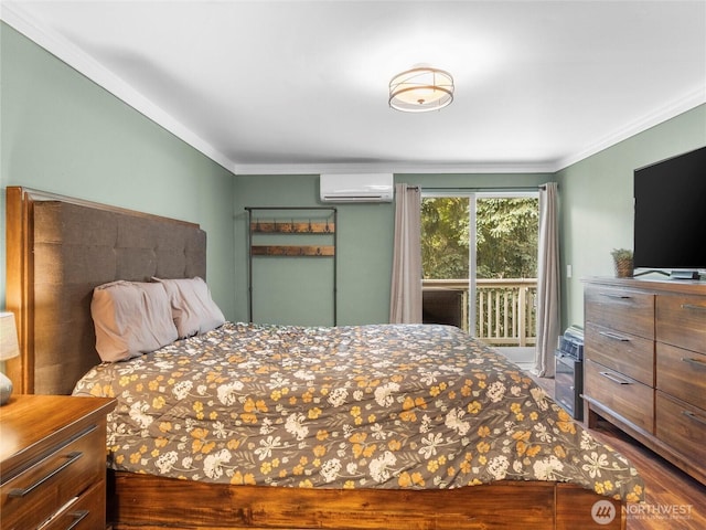 1420 153rd Ave NE # 4004, Bellevue, WA 98007 - bedroom featuring a wall mounted AC, crown molding, access to exterior, and wood finished floors