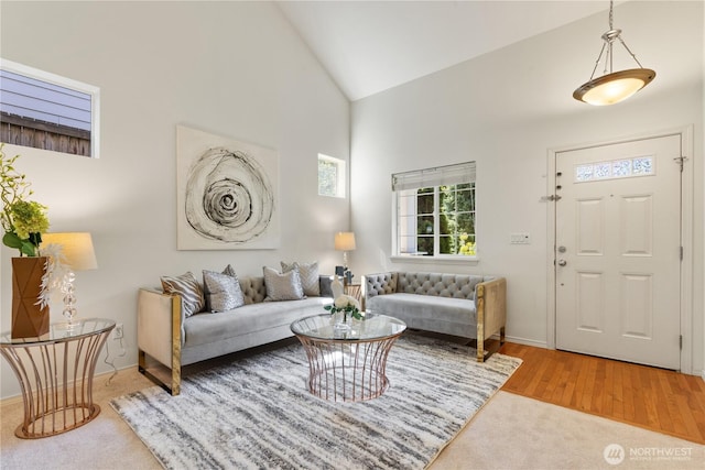 4135 240th Pl SE, Bothell, WA 98021 - living area featuring baseboards, high vaulted ceiling, and wood finished floors