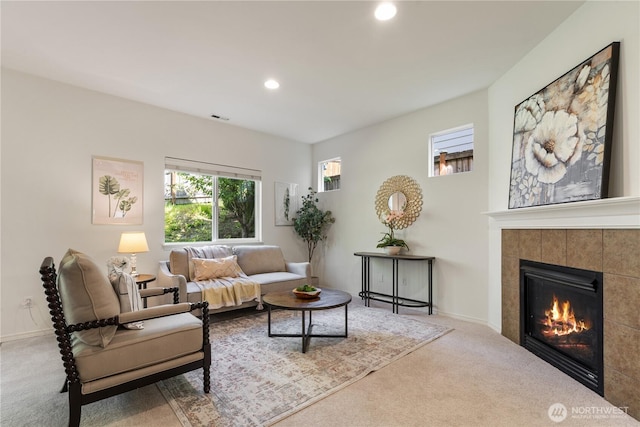 4135 240th Pl SE, Bothell, WA 98021 - living area featuring carpet floors, a fireplace, recessed lighting, and baseboards