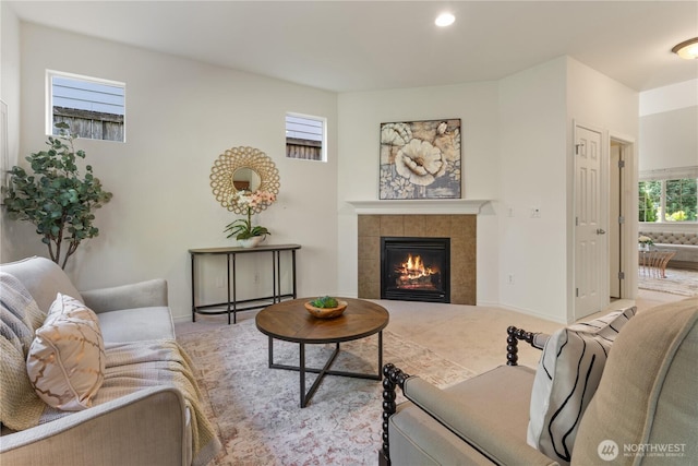 4135 240th Pl SE, Bothell, WA 98021 - living area featuring a tile fireplace, carpet flooring, recessed lighting, and baseboards