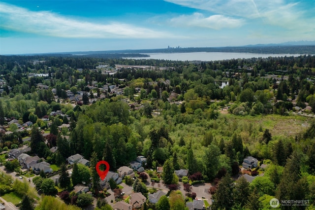 view of property location with a large body of water and a heavily wooded area
