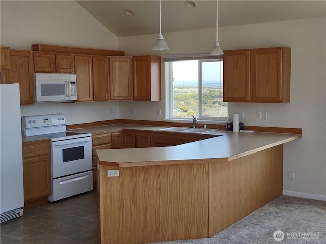 1400 Ocean Shores Blvd SW, Ocean Shores, WA 98569 - kitchen with white appliances, a peninsula, lofted ceiling, decorative light fixtures, and light countertops