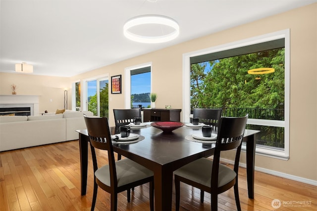 10504 Dixon Dr S, Seattle, WA 98178 - dining room featuring light wood-type flooring, baseboards, and a glass covered fireplace