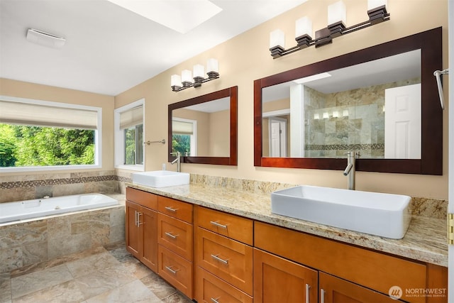 10504 Dixon Dr S, Seattle, WA 98178 - full bath with double vanity, a bath, a tile shower, and a skylight