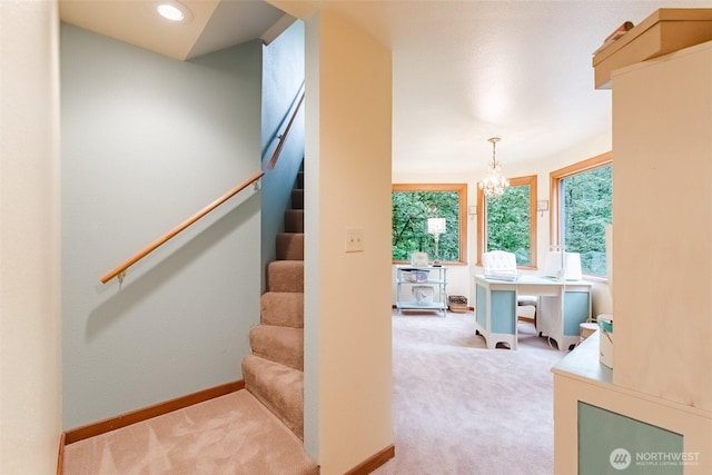 3246 Goshen Rd, Bellingham, WA 98226 - stairs featuring carpet flooring and a chandelier