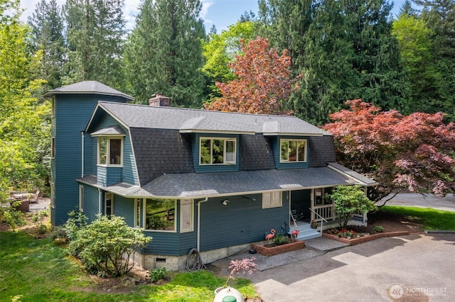 3246 Goshen Rd, Bellingham, WA 98226 - view of front of house with a shingled roof, a chimney, and a porch