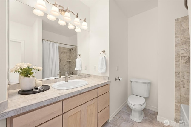 4415 Harborview Dr, Blaine, WA 98230 - full bathroom with a shower with shower curtain, toilet, vanity, baseboards, and a tub