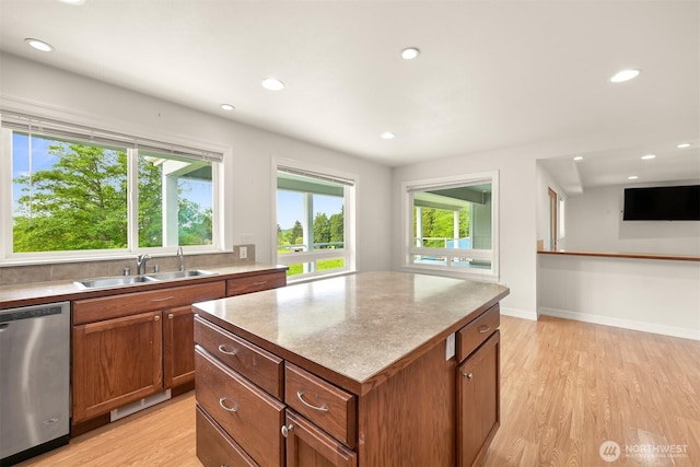 4415 Harborview Dr, Blaine, WA 98230 - kitchen with stainless steel dishwasher, a sink, light wood-type flooring, a center island, and brown cabinetry