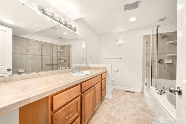 4415 Harborview Dr, Blaine, WA 98230 - full bathroom with tiled shower, a tub, vanity, toilet, and recessed lighting