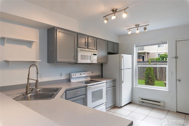 9817 132nd Street Ct E Unit B, Puyallup, WA 98373 - kitchen featuring white appliances, baseboard heating, a sink, open shelves, and gray cabinetry