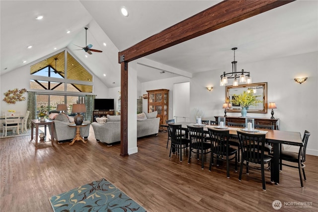 179 N Shore Dr, Orondo, WA 98843 - dining space featuring wood finished floors, ceiling fan, beam ceiling, high vaulted ceiling, and baseboards