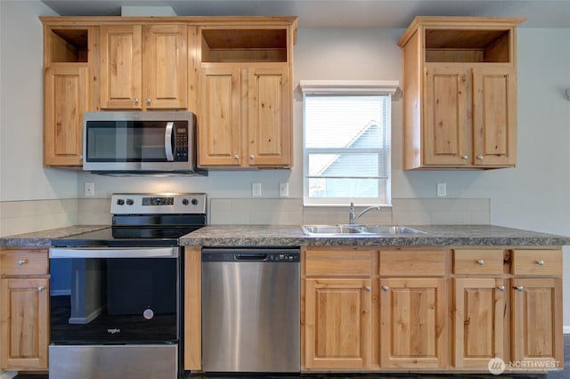 114 Mark Ct SE, Ocean Shores, WA 98569 - kitchen featuring appliances with stainless steel finishes, light brown cabinetry, a sink, and open shelves