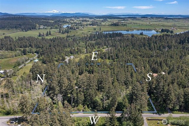 591 Wold Rd, Friday Harbor, WA 98250 - view of property location with a water and mountain view, a forest, and property parcel outlined