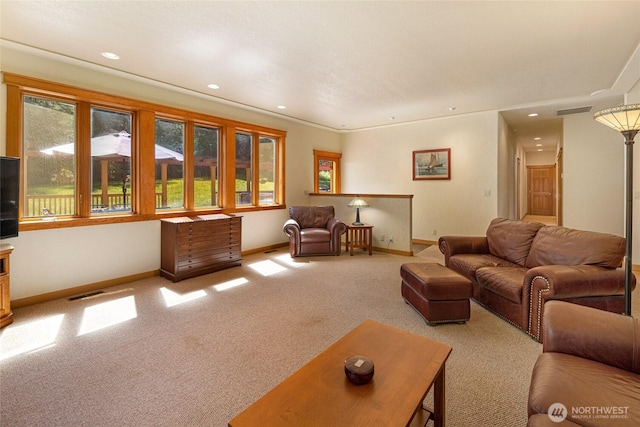 591 Wold Rd, Friday Harbor, WA 98250 - carpeted living room featuring baseboards and recessed lighting