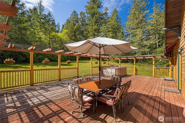 591 Wold Rd, Friday Harbor, WA 98250 - deck featuring outdoor dining area, a yard, and a pergola
