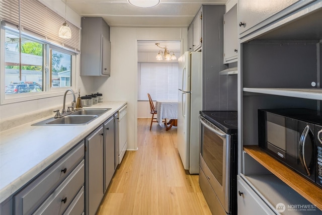 kitchen with gray cabinetry, a sink, white appliances, light wood finished floors, and a chandelier