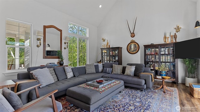 living area with wood finished floors and high vaulted ceiling