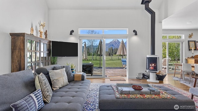 living area featuring a wood stove, wood finished floors, and a high ceiling