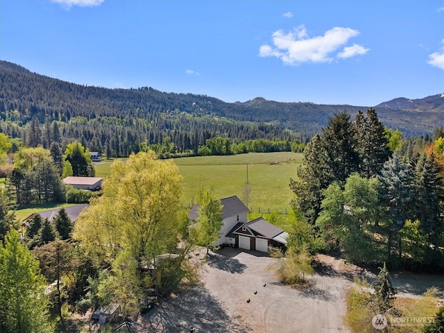 view of subject property with a heavily wooded area and mountains