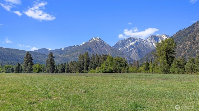 view of mountain background featuring a forest and rural landscape