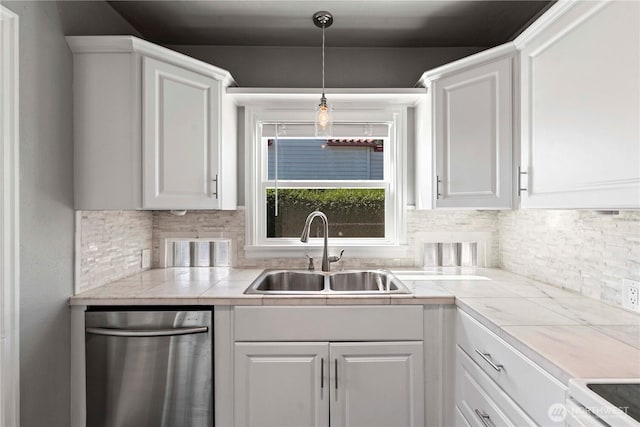 kitchen featuring a sink, white cabinetry, decorative backsplash, and white electric stove
