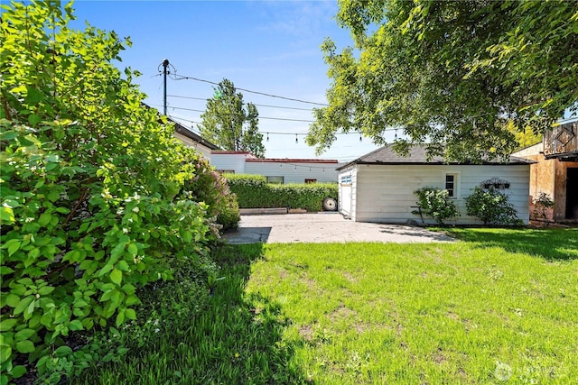 view of green lawn with a patio