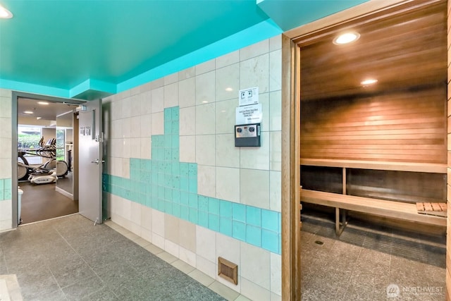 bathroom with recessed lighting and a relaxing sauna