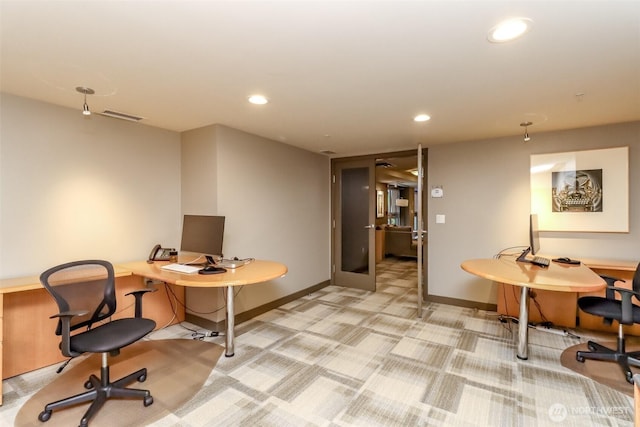 carpeted home office featuring recessed lighting and baseboards