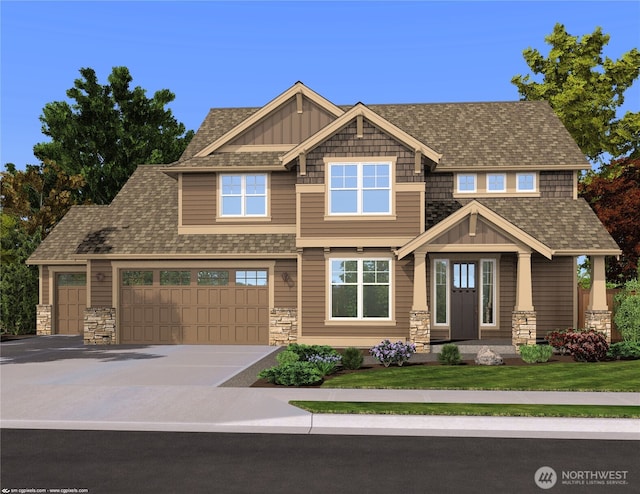 13108 51st Ave E, Tacoma, WA 98446 - craftsman inspired home featuring board and batten siding, stone siding, concrete driveway, and roof with shingles