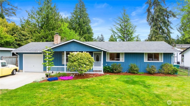 ranch-style home with a garage, a chimney, concrete driveway, covered porch, and a shingled roof