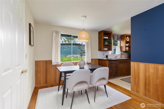 dining area with a wainscoted wall, light wood-type flooring, and wood walls