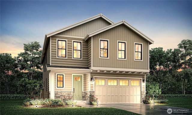 15709LOT12 SE 257th St, Covington, WA 98042 - view of front of house with stone siding, an attached garage, concrete driveway, and board and batten siding