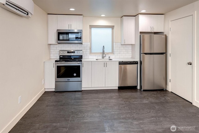 3325 Martin Luther King Jr Way S, Seattle, WA 98144 - kitchen with stainless steel appliances, a sink, a wall mounted AC, light countertops, and tasteful backsplash