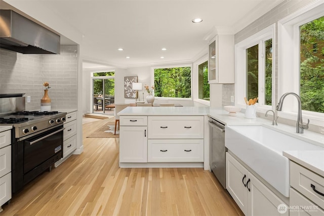 kitchen featuring gas range oven, wall chimney range hood, stainless steel dishwasher, decorative backsplash, and light countertops