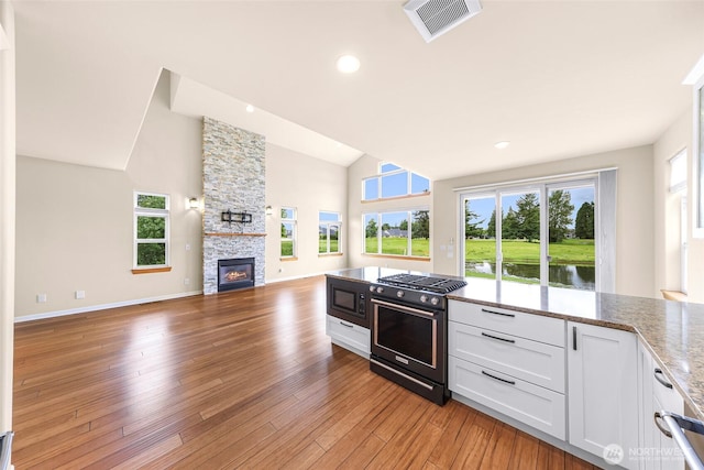 549 E Maberry Dr, Lynden, WA 98264 - kitchen featuring stainless steel range with gas stovetop, open floor plan, white cabinetry, plenty of natural light, and high vaulted ceiling