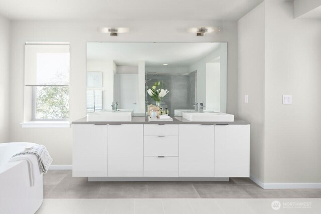 11821 SE 242nd Pl, Kent, WA 98030 - full bathroom featuring double vanity, baseboards, tile patterned floors, a soaking tub, and a shower with door