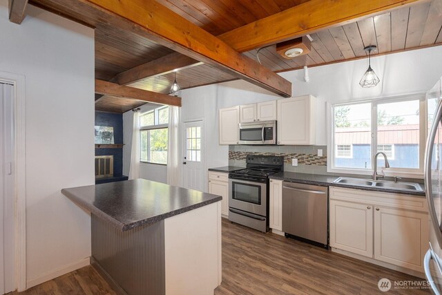 2008 S Belair Dr, Moses Lake, WA 98837 - kitchen with appliances with stainless steel finishes, dark countertops, wood ceiling, a sink, and dark wood-style flooring