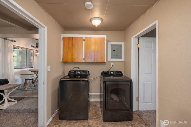 2008 S Belair Dr, Moses Lake, WA 98837 - laundry room featuring washer and dryer, electric panel, cabinet space, ornamental molding, and baseboards
