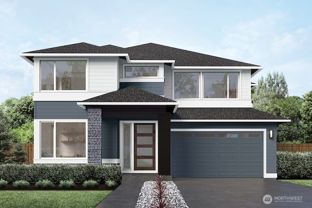 11829 SE 242nd Pl, Kent, WA 98030 - prairie-style home with roof with shingles, an attached garage, driveway, and fence